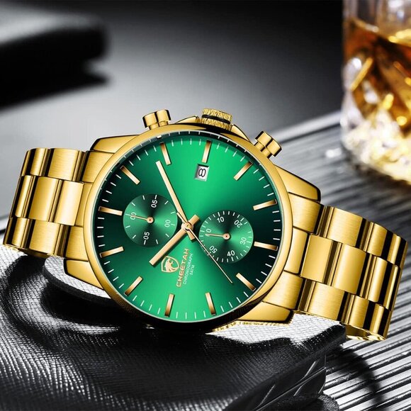 GOLDEN HOUR Men's Gold Green Stainless Steel Chronograph Quartz Watch Waterproof - Picture 5 of 7